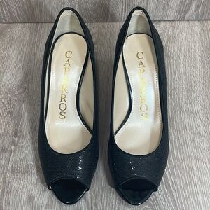 Caparros Black Sparkle Peep Toe Open Toe Pump Heels 8B